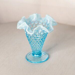Vintage Cone Shaped Blue Fenton Hobnail Opalescent Glass Vase